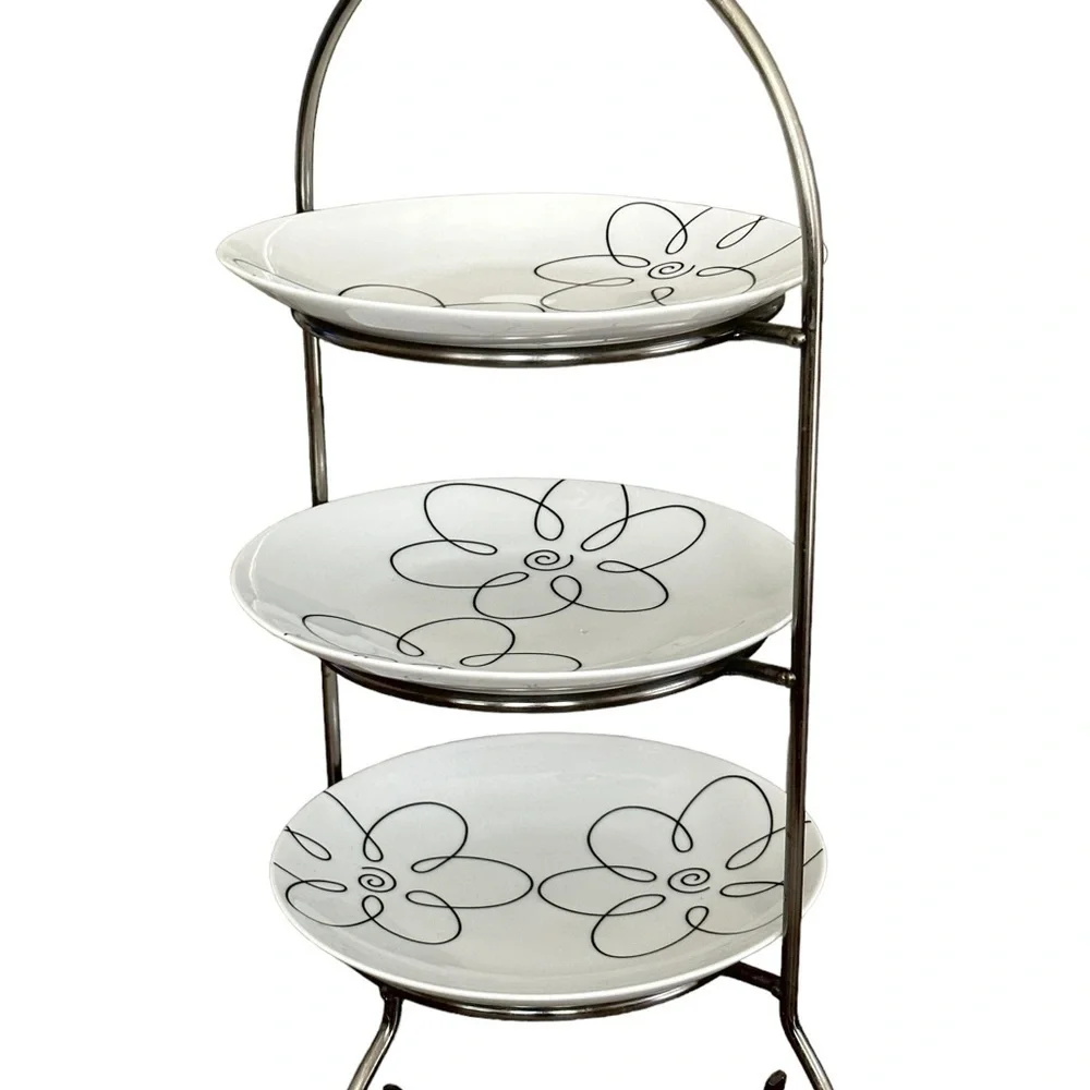 Crate & Barrel Cambridge Satin Nickel 3-Tier Stand With 9” Removable Plates 24H